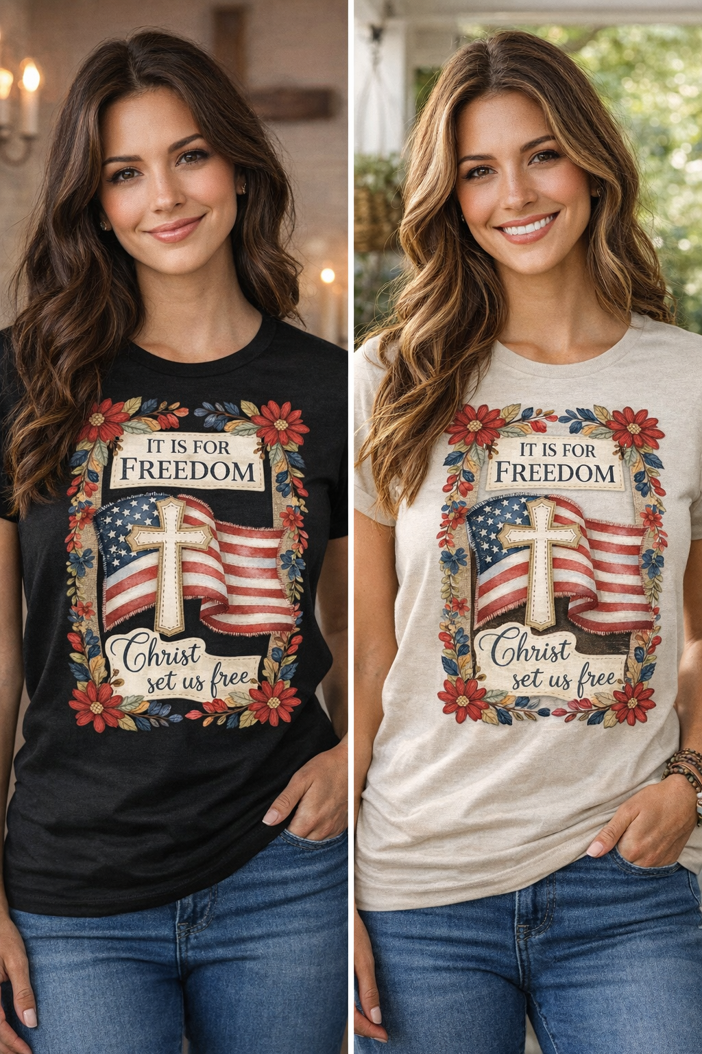 Christ Set Us Free Faith Freedom from 2 Sisters Tanks, Teez & More