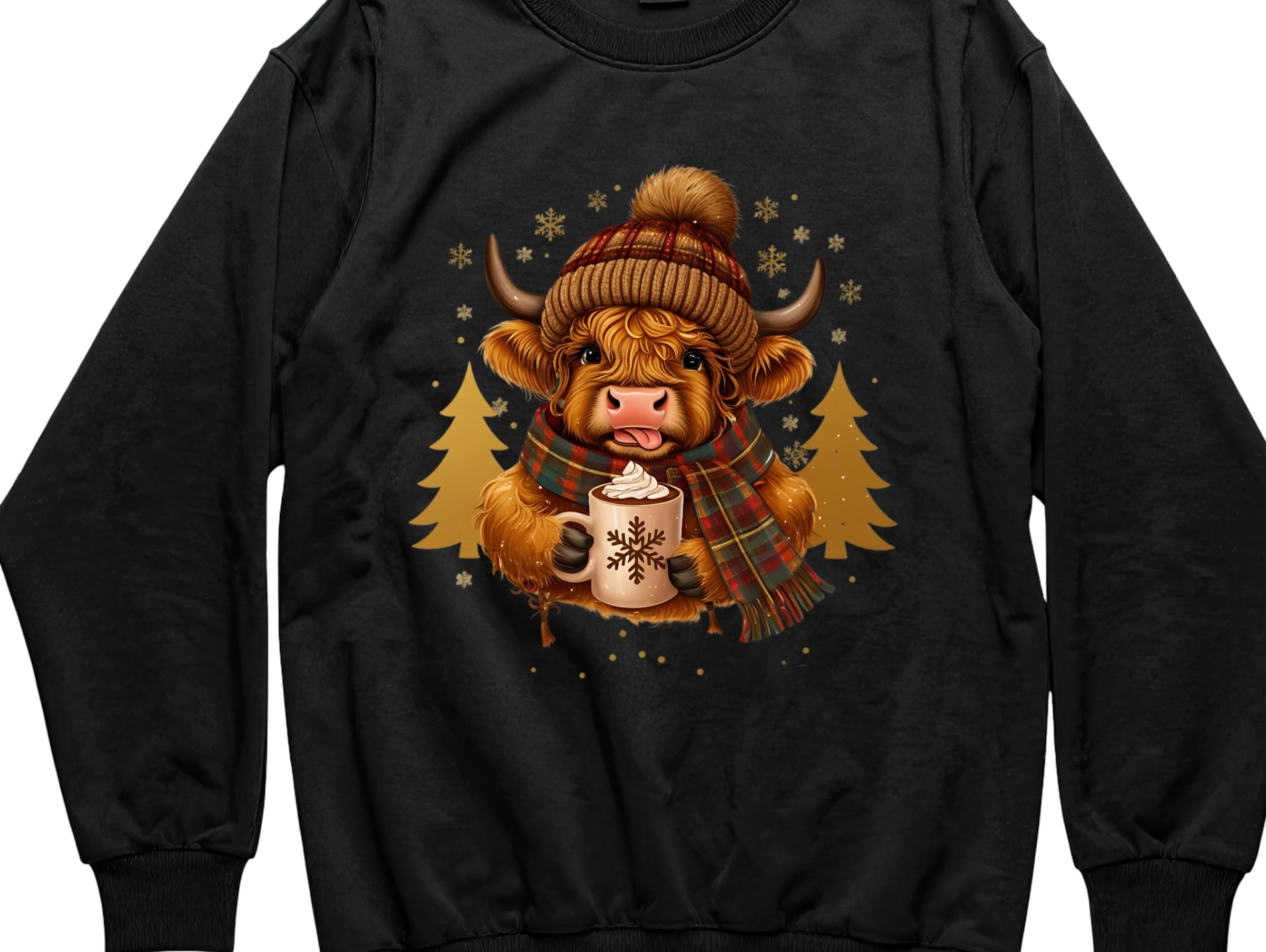 Cozy cow sweatshirt with a hat, holding cocoa, and Christmas trees.