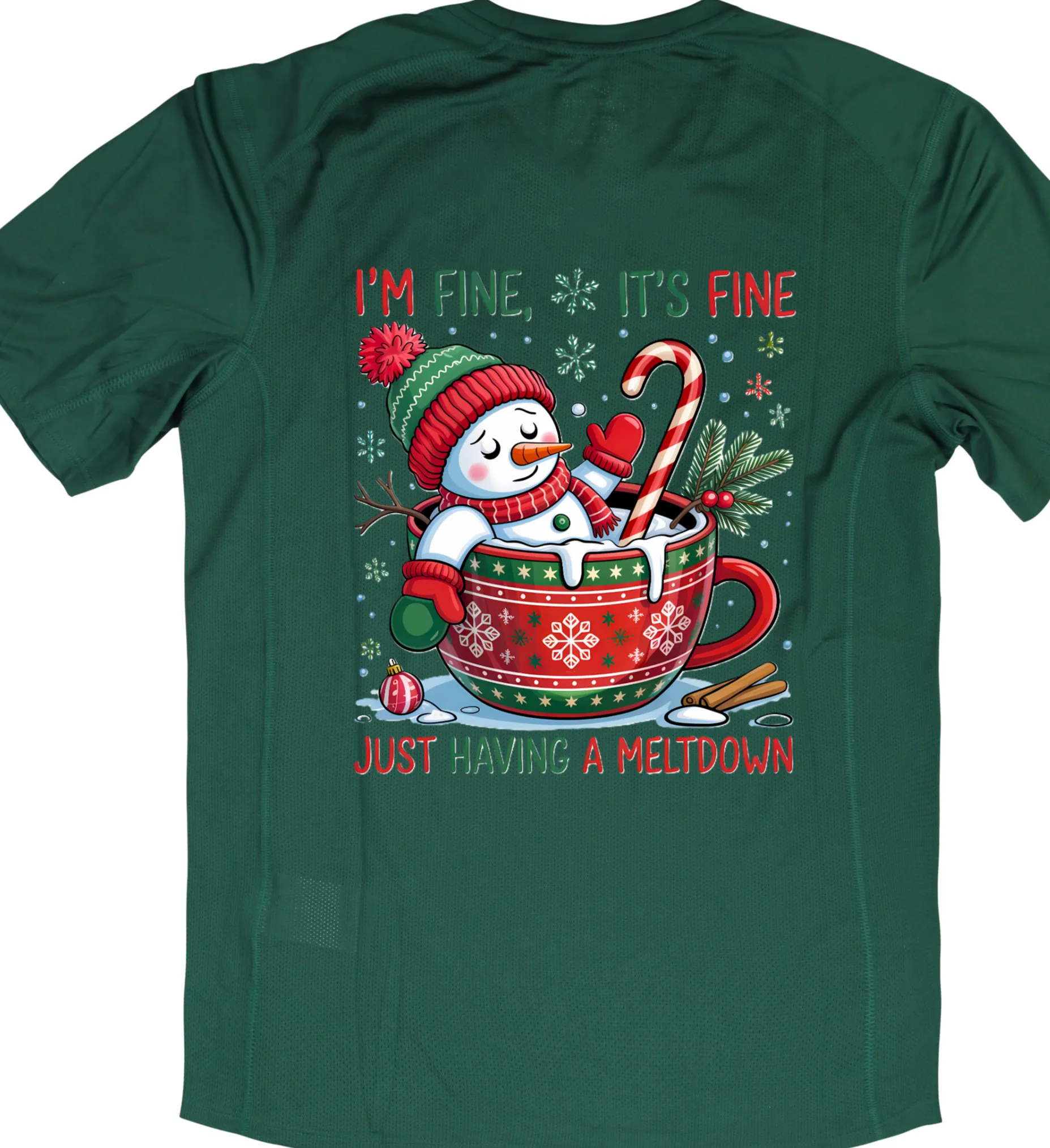 Snowman in a mug saying I'm Fine, It's Fine, Just Having A Meltdown. Pickle Christmas
