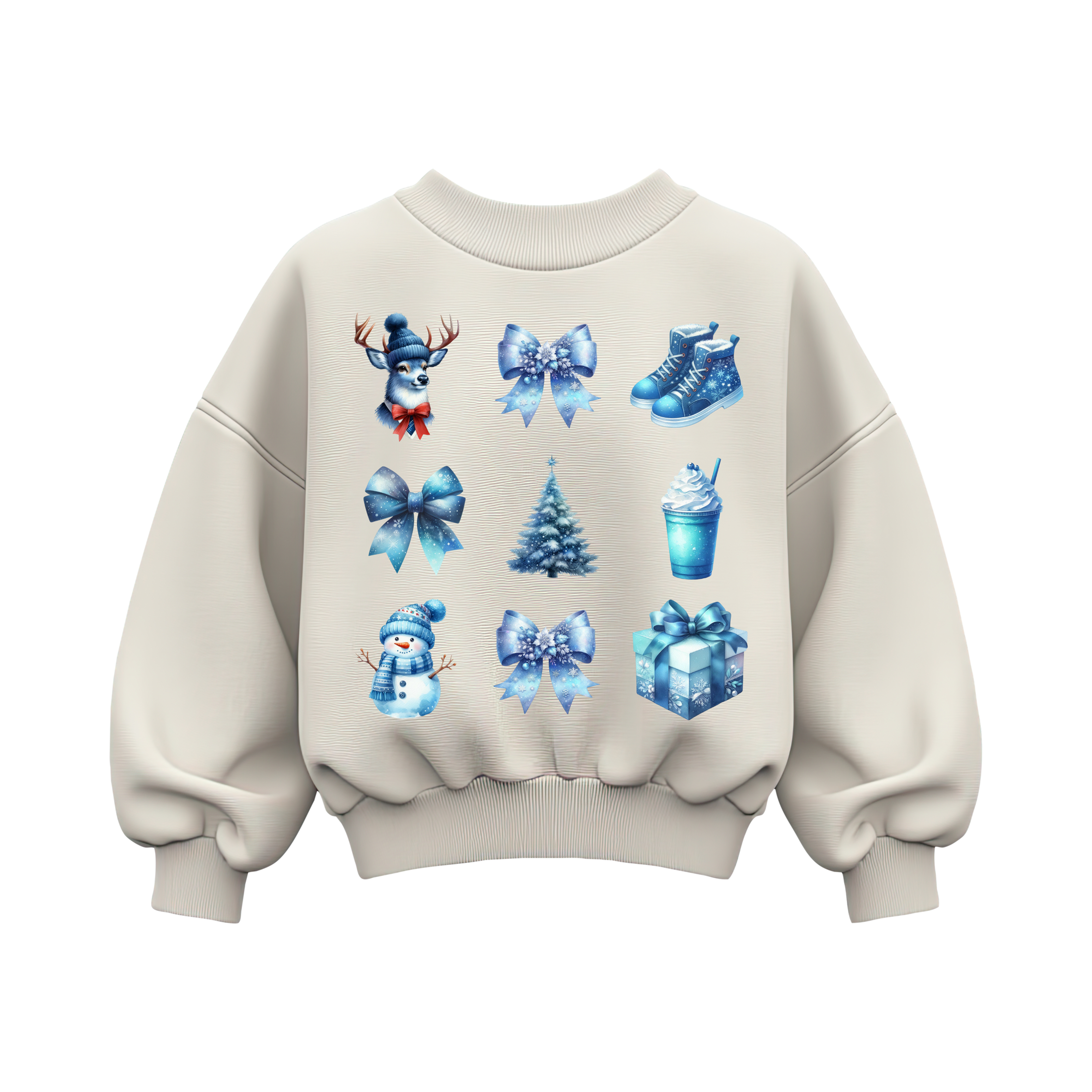 White sweatshirt adorned with blue winter bows, snowman, and Christmas tree.