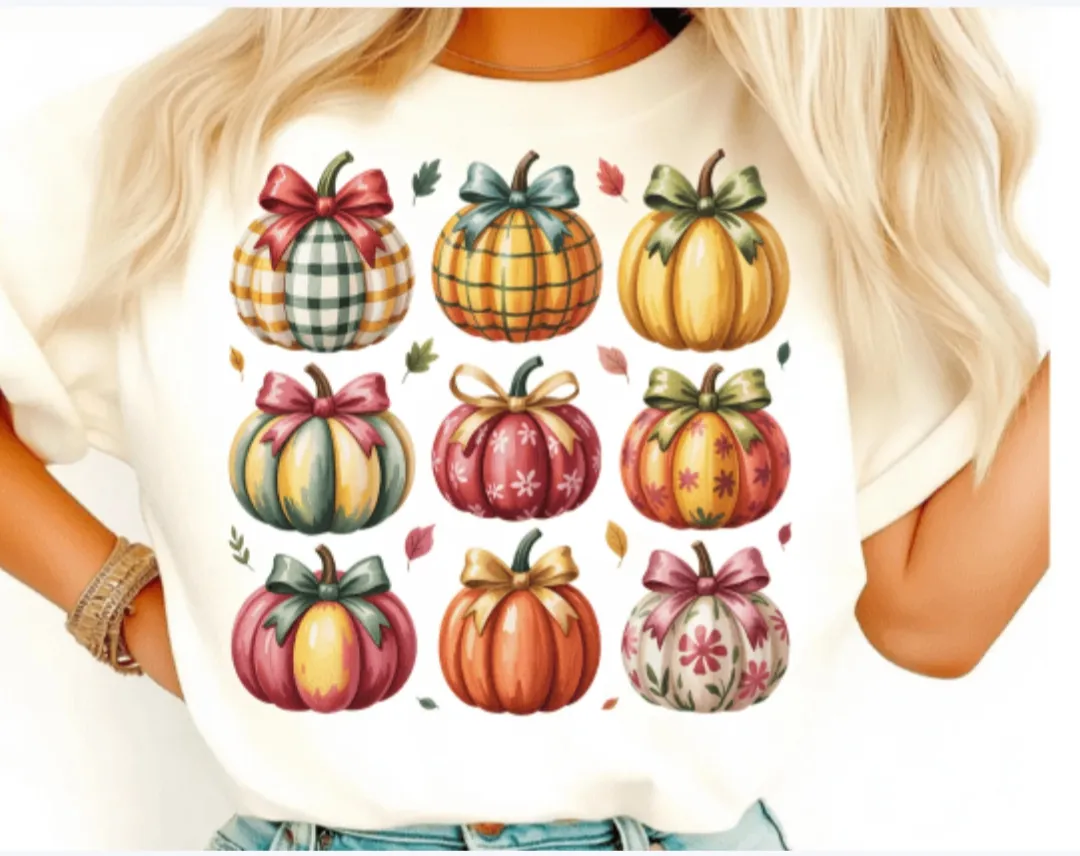 White t-shirt with colorful pumpkins, autumn season, 2 Sisters Tanks Teez and More