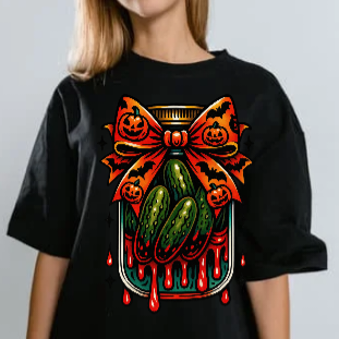 Black shirt with pickles, bow, and pumpkins. Pickle Christmas is present.