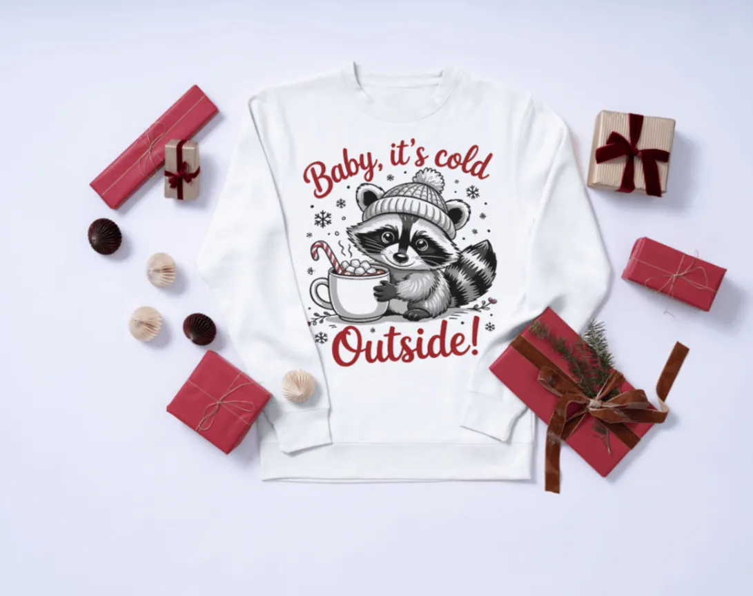 White sweatshirt displaying a raccoon and text: Baby, it's cold outside! 2 Sisters Tanks Teez
