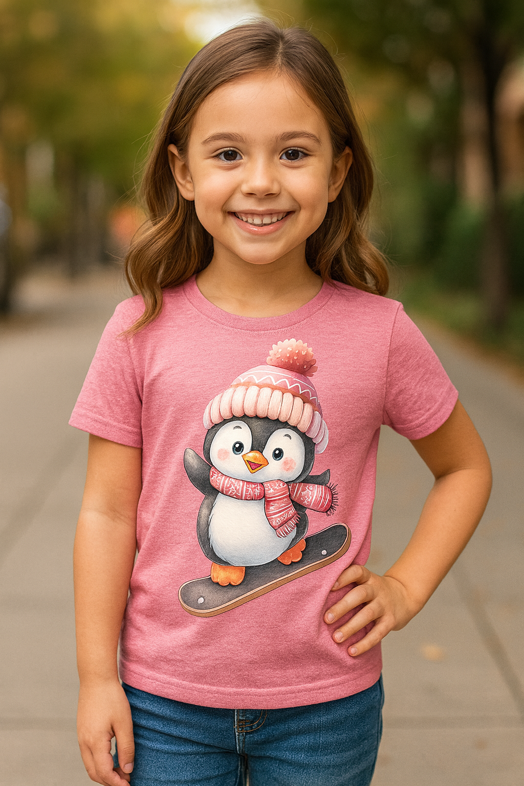 Young girl wearing a pink shirt with a penguin on a skateboard 2 Sisters Tanks Teez and More